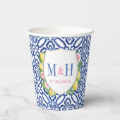 Capri Lemons Blue White Tiles Wedding Crest Shower Papieren Bekers (Achterkant)