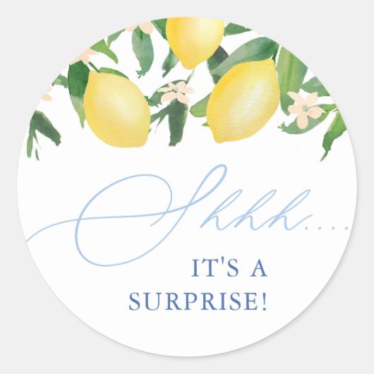 Capri Lemons Lichtblauw Shh! Het is een verrassing Ronde Sticker (Voorkant)