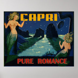 Capri, pure romantiek, zeemeerminnen 's nachts, vi poster
