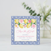 Capri Waterverf Citroenen Roze Bloemen Blauw Wit Save The Date (Staand voorkant)