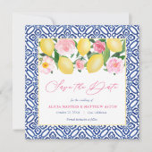 Capri Waterverf Citroenen Roze Bloemen Blauw Wit Save The Date (Voorkant)