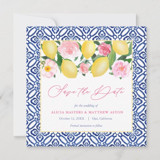 Capri Waterverf Citroenen Roze Bloemen Blauw Wit Save The Date (Voorkant)