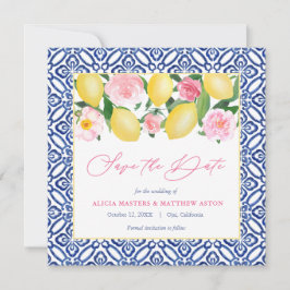 Capri Waterverf Citroenen Roze Bloemen Blauw Wit Save The Date