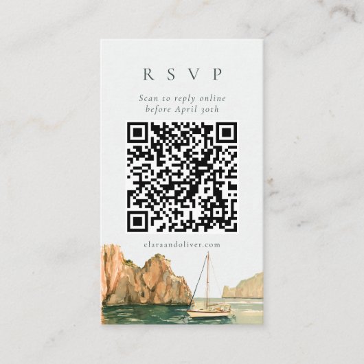 Capri ZeilbootCove Waterverf QR Code RSVP Kaart (Voorkant)