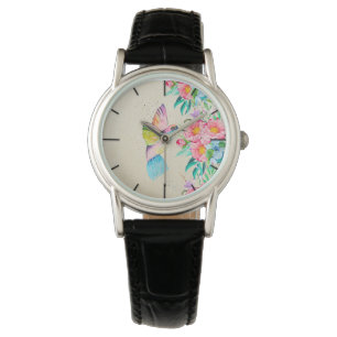 Capricieuze waterverfkolibrie en bloemen horloge