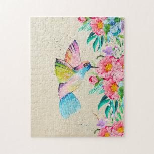 Capricieuze waterverfkolibrie en bloemen legpuzzel