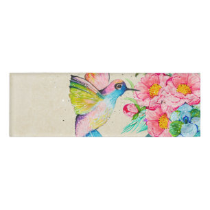 Capricieuze waterverfkolibrie en bloemen naambadge