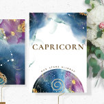 Capricorn Table Sign Celestiaire Waterverf Thema Kaart<br><div class="desc">Geniet van een hemellichamen met onze constellatietafelborden. Capricorn-tafelbord met voortreffelijke kleuring van de waterverf en hemelse wereldbol met constellaties aan de voor- en achterkant met een hele waterverf hemelse achtergrond met Capricorn-constellatiessterren in het midden. Ontwerp met blauw, marine, turquoise, paars, magenta, fuchsia en gouden waterverf hues.15 constellatietabelnummerkaarten beschikbaar. Capaciteit om...</div>