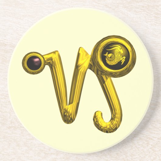 CAPRICORN ZODIAC BIRTHDAY JEWEL Gold, Black Onyx Zandsteen Onderzetter (Voorkant)