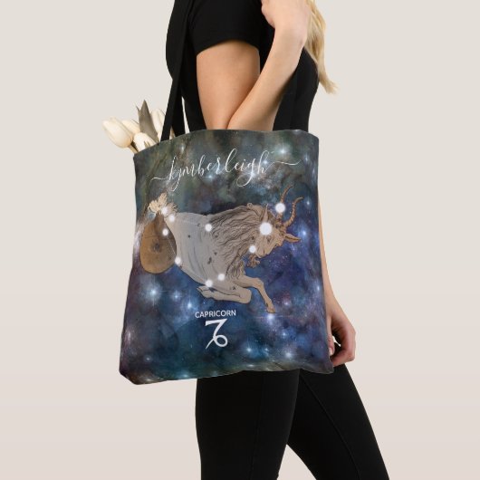 Capricorn Zodiac Sign Cosmic Monogram Name Blue Tote Bag (Dichtbij)