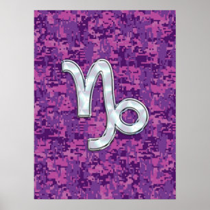 Capricorn Zodiac Symbol Fuchsia Digital Camouflage Poster