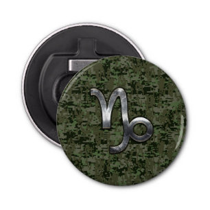 Capricorn Zodiac Symbol Green Digital Camouflage Button Flesopener