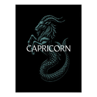 Capricorn Zodiac – Vintage Sea-Goat in Teal   Perfect Poster