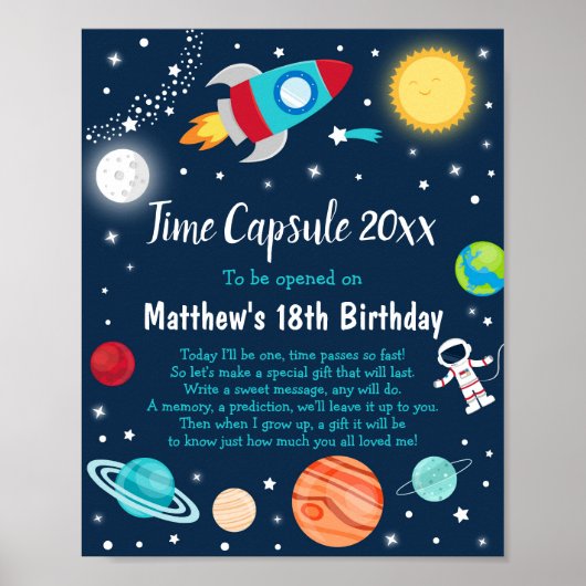 Capsule 1st Birthday Space Rocket Ship Planet Time Poster (Voorkant)
