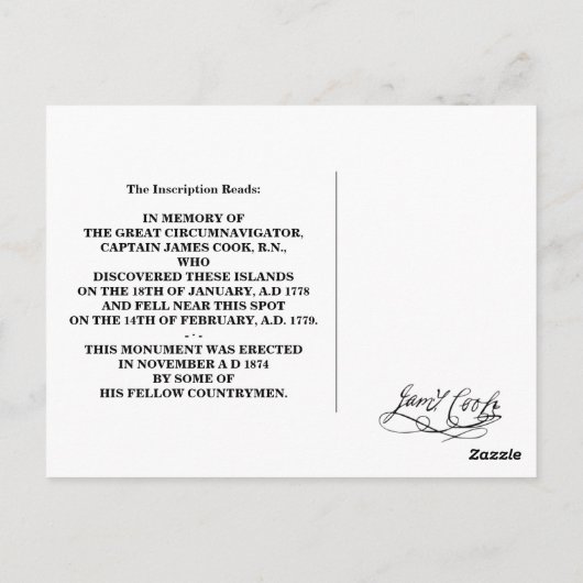 Capt. Cook Monument Briefkaart Hawaii (Achterkant)