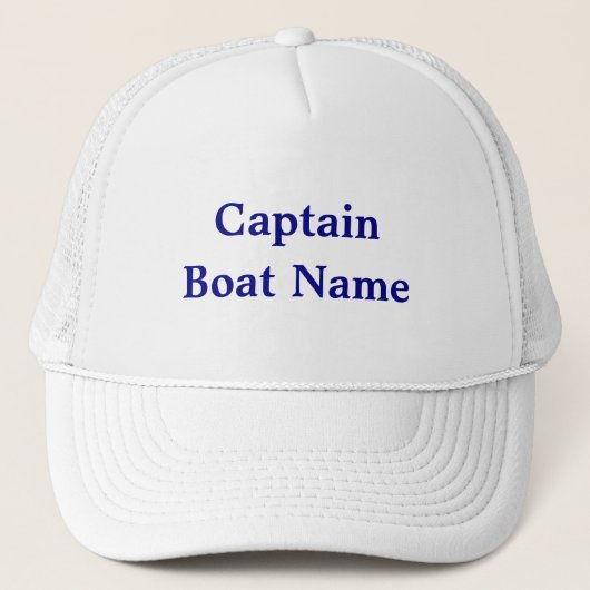 Captain and Boat Name Navy Blue Text Trucker Pet (Voorkant)