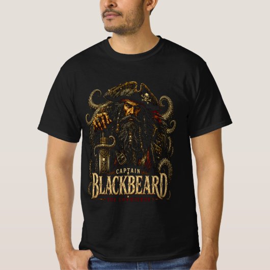 Captain Blackbeard Pirate Tee | Skull, Sword, Naut T-shirt (Voorkant)