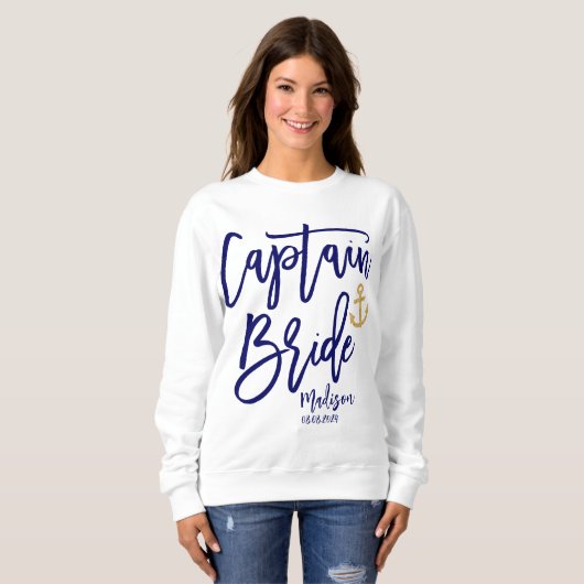 Captain Bride Blauw Moderne Kalligrafie Trui (Voorkant volledig)