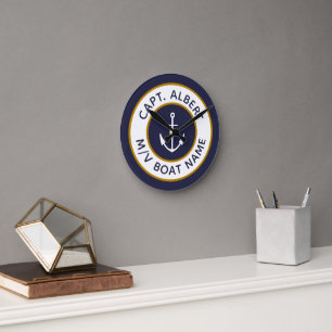 Captain Jouw naam Blue Gold Anchor  Ronde Klok