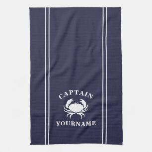 Captain Jouw naam Crab Navy Blauwe Keuken Handdoek