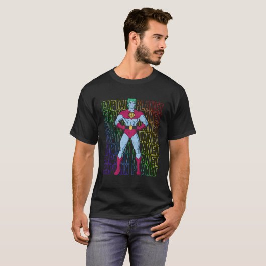 Captain Planet Hero Rainbow Text Stack T-shirt (Voorkant volledig)