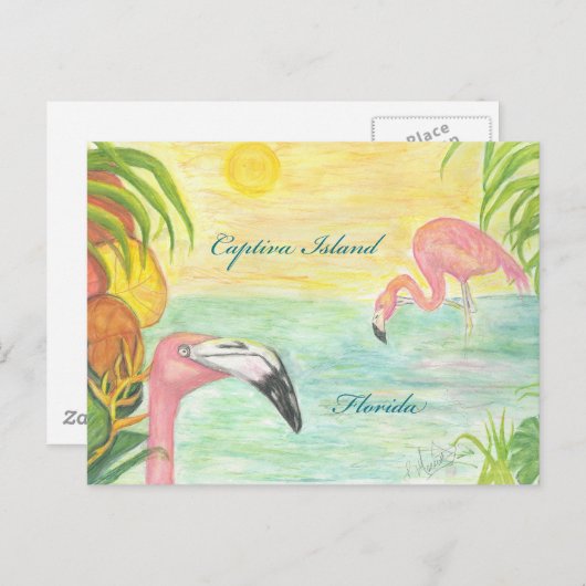 Captiva Island Flamingos Florida Art Briefkaart (Voorkant / Achterkant)