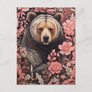 Captivating Bruin Beer Gaze Roze Bloemen Briefkaart