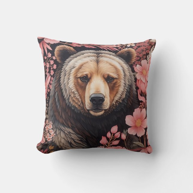 Captivating Bruin Beer Gaze Roze Bloemen Kussen (Voorkant)