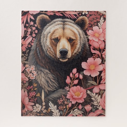 Captivating Bruin Beer Gaze Roze Bloemen Legpuzzel (Verticaal)