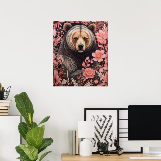 Captivating Bruin Beer Gaze Roze Bloemen Poster (Thuiskantoor)