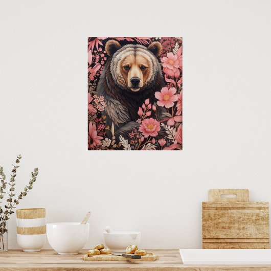 Captivating Bruin Beer Gaze Roze Bloemen Poster (Keuken)