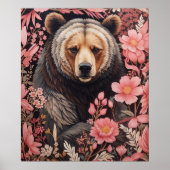 Captivating Bruin Beer Gaze Roze Bloemen Poster (Voorkant)