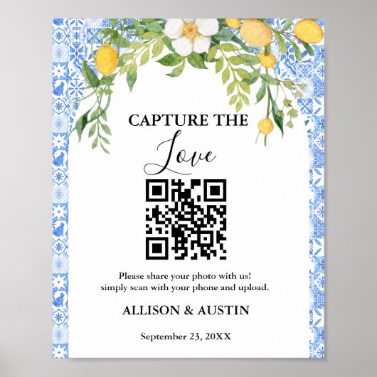 Capture liefde QR code Blue tegel en Lemon bruilof Poster (Voorkant)