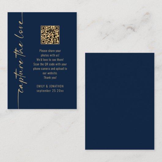 Capture the Love QR Code Navy Gold Wedding Card Informatiekaartje (Voorkant / Achterkant)