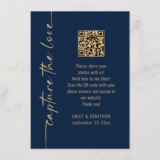 Capture the Love QR Code Navy Gold Wedding Card Kaart (Voorkant)