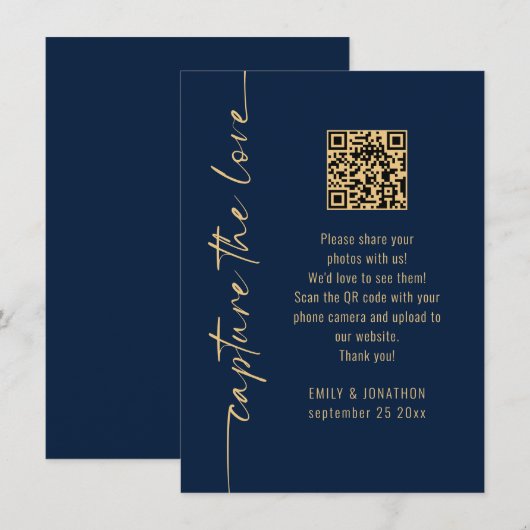 Capture the Love QR Code Navy Gold Wedding Card Kaart (Voorkant / Achterkant)