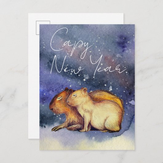 Capy New Year Cute Waterverf Capybara Baby & mama Briefkaart (Voorkant / Achterkant)