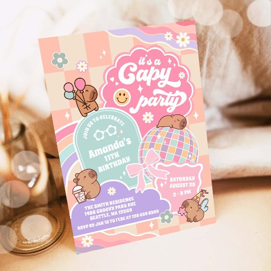 Capy Party Cloud Rainbow Disco Birthday Invitation Kaart