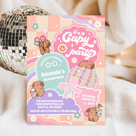 Capy Party Retro Groovy Daisy Birthday Invitation Kaart