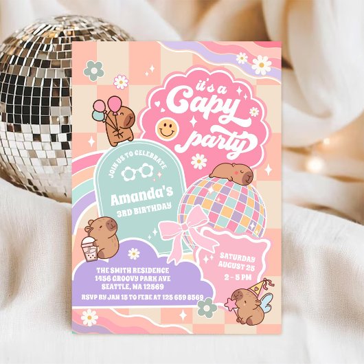 Capy Party Retro Groovy Daisy Birthday Invitation Kaart