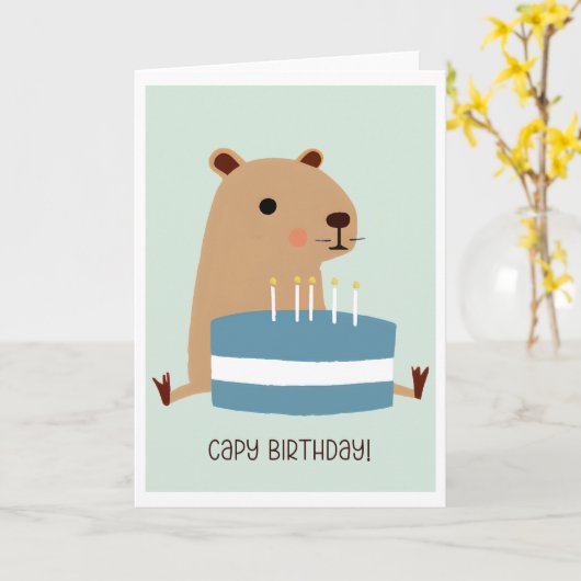 Capy Verjaardag Grappig Punny Capybara en cake Kaart (Gele Bloem)