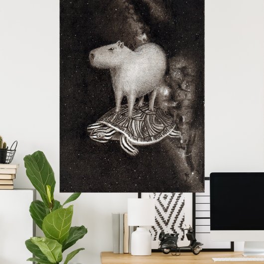 Capybara and terrapin flying through space poster (Thuiskantoor)
