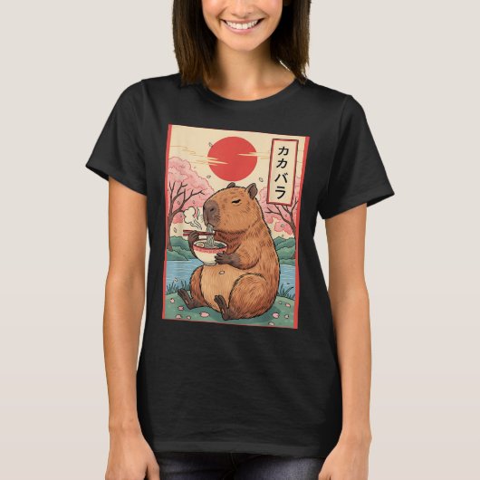 Capybara Anime Graphic Ramen Kawaii Japanse Vinta T-shirt (Voorkant)