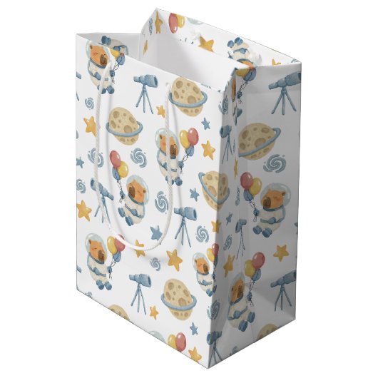 Capybara Astronaut Patroon Gift Bag Medium Cadeauzakje (Achterkant Gekanteld)