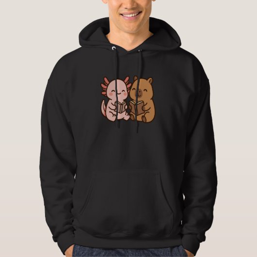 Capybara Axolotl Kawaii Kids Anime Book Lover Read Hoodie (Voorkant)