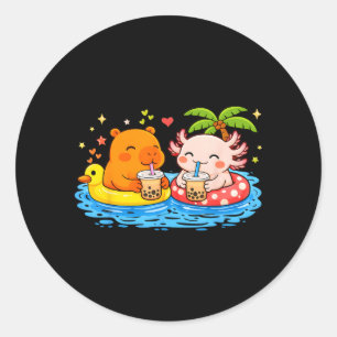Capybara Axolotl op zwembad drijvers drinkend Boba Ronde Sticker