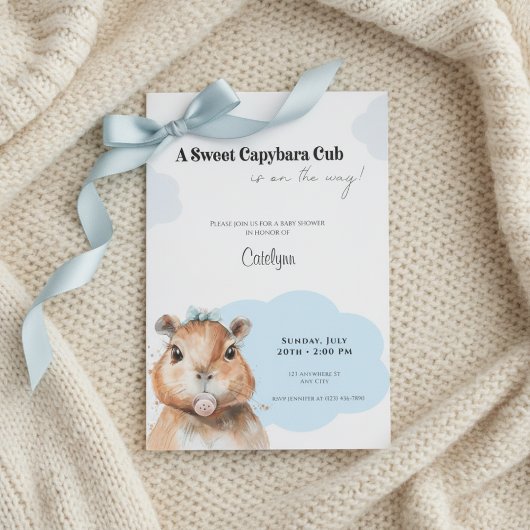 Capybara Baby Shower • Blue Bow Theme Kaart