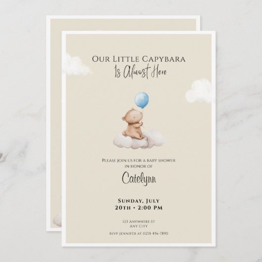 Capybara Baby Shower Invitation Cloud and Balloon Kaart (Voorkant / Achterkant)