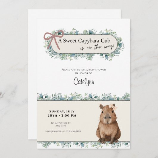 Capybara Baby Shower Invitation • Greenery Theme Kaart (Voorkant / Achterkant)