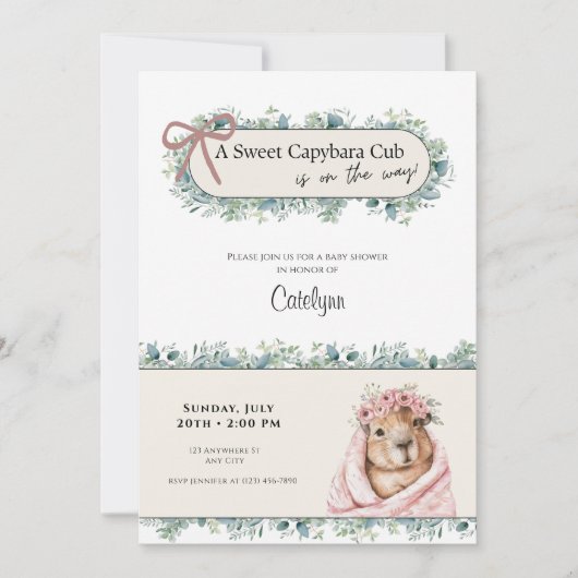 Capybara Baby Shower Invitation • Greenery Theme Save The Date (Voorkant)